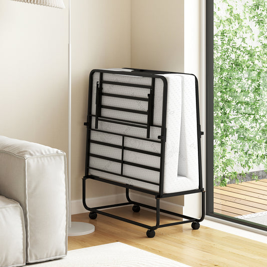 Inklapbaar Bed – Opvouwbaar Bed – Logeerbed – Rolluikbed – Campingbed – Met 4” Luxe Matras – Stevig Metalen Frame Met Wieltjes