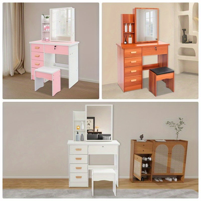 kaptafel – make-up tafel – cosmetische tafel – dressing table – toilettafel – modern roze-witte kaptafel – 5 lades & opbergruimte – stevig MDF fiberboard design