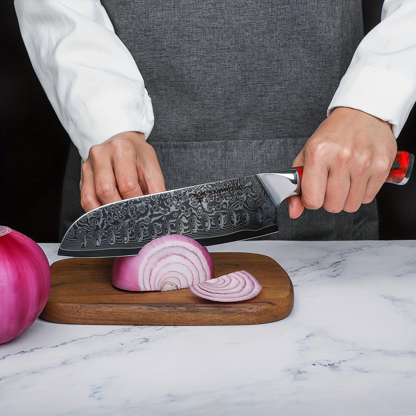 Xuan Series 7-inch Damascus Santoku Knife - VG-10 Hammer-Forged Steel, Sunset Red Resin Handle, Ultra-Sharp Professional Chef Knife for Home & Professional Kitchens