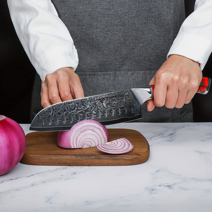 Xuan Series 7-inch Damascus Santoku Knife - VG-10 Hammer-Forged Steel, Sunset Red Resin Handle, Ultra-Sharp Professional Chef Knife for Home & Professional Kitchens