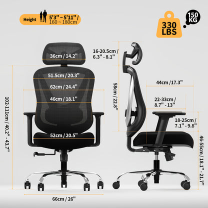 Ergonomische Bureaustoel – Bureaustoel Ergonomisch – Kantoorstoel Mesh – Werkstoel – Gamestoel – 4D Verstelbare Armleuningen – 3D Lendensteun Met Flexibele Hoofdsteun – Zwart Gouden Variant
