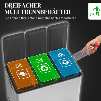 Afvalemmer – Vuilnisbak – Prullenbak – Afvalbak – Afvalcontainer – 3x 20 Liter Compartimenten – Geurfilter Deksel – Vingerafdrukbestendig – Soft-Close Mechanisme – Zilverkleurig