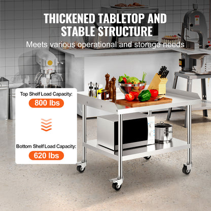 RVS Werktafel – Werkbank – Keukentafel – Werkruimte Tafel – Werkblad – 76x91x76 cm – 0,8 mm Roestvrij Staal – 4 Zwenkwielen Met Rem