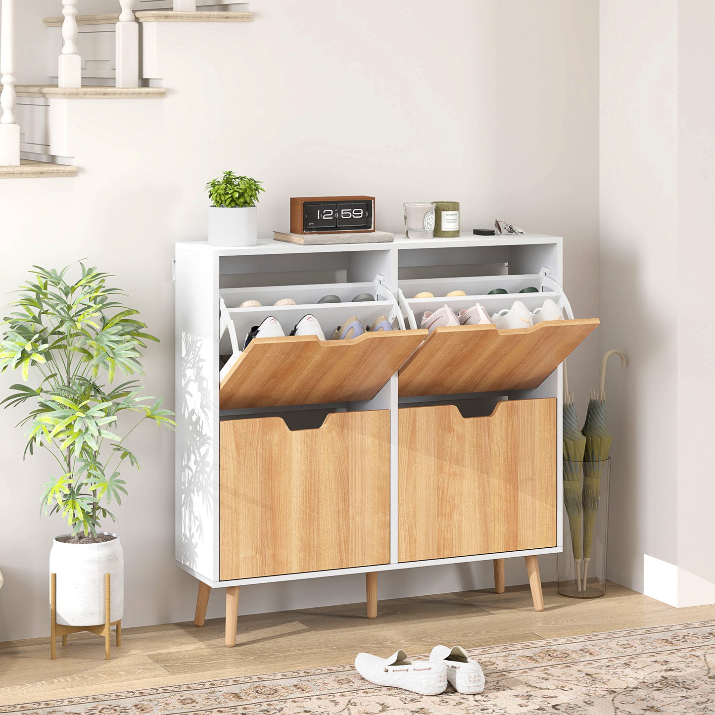 Schoenenkast – Schoenenrek – Schoenenopberger – Schoenenbank – 4 Deuren – 16 Paar Ruimte – Spaanplaat Met Houten Poten – Smal En Hoog Design