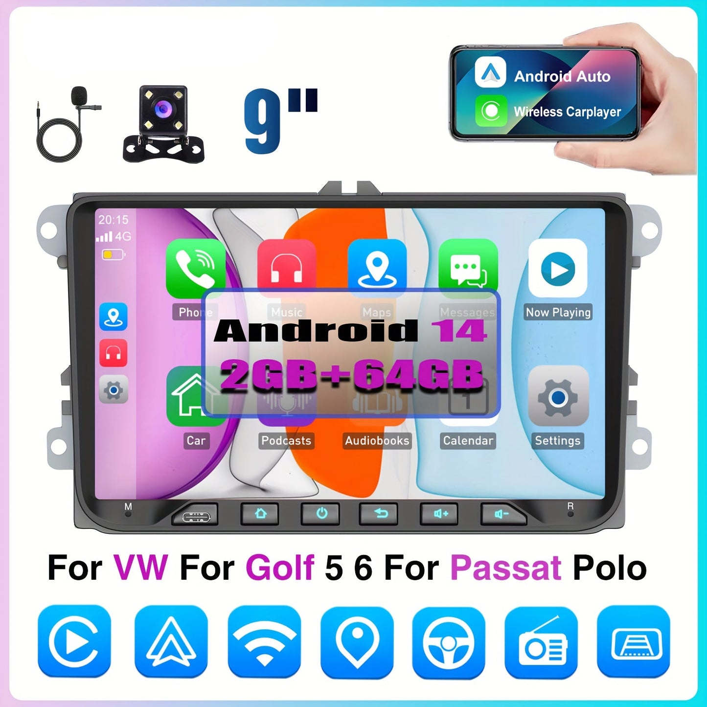 Autoradio Android – Autostereo Multimedia Speler – Auto Radio Navigatie – Touchscreen Radio – GPS Navigatiesysteem – 9 Inch IPS Scherm – Draadloze CarPlay & Android Auto