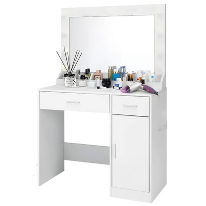 Makeuptafel – Kaptafel – Make-up Tafel – Schoonheidstafel – Cosmeticatafel – Zwart – Grote Spiegel – 2 Laden & Kast – Stevige Constructie
