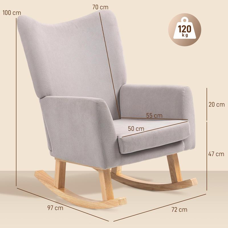 Ergonomic Rocking Chair with High Backrest & Plush Cushion - Heavy-Duty Hardwood/Metal Frame, Easy Assembly, Soft Fabric Upholstery in Neutral Tones - Indoor/Outdoor Lounge Chair for Living Room, Bedroom, Patio, Office - Dura