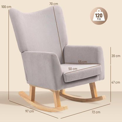 Ergonomic Rocking Chair with High Backrest & Plush Cushion - Heavy-Duty Hardwood/Metal Frame, Easy Assembly, Soft Fabric Upholstery in Neutral Tones - Indoor/Outdoor Lounge Chair for Living Room, Bedroom, Patio, Office - Dura