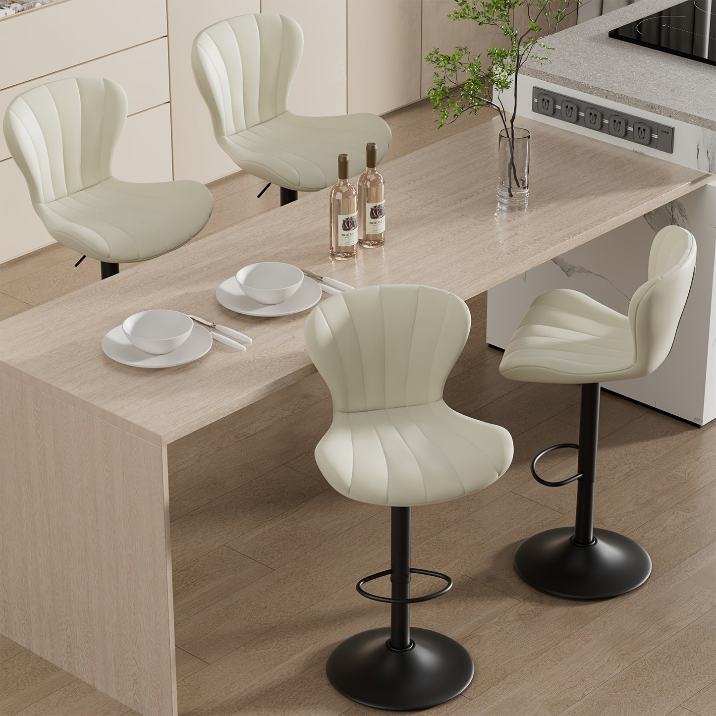 Barkrukken – Barstoelen – Hoge Stoelen – Keukenstoelen – Bistro Stoelen – Ergonomisch Design – 360° Draaibaar – Beige Kunstleer – Verstelbare Hoogte – Met Rugleuning En Voetsteun – Set Van 2