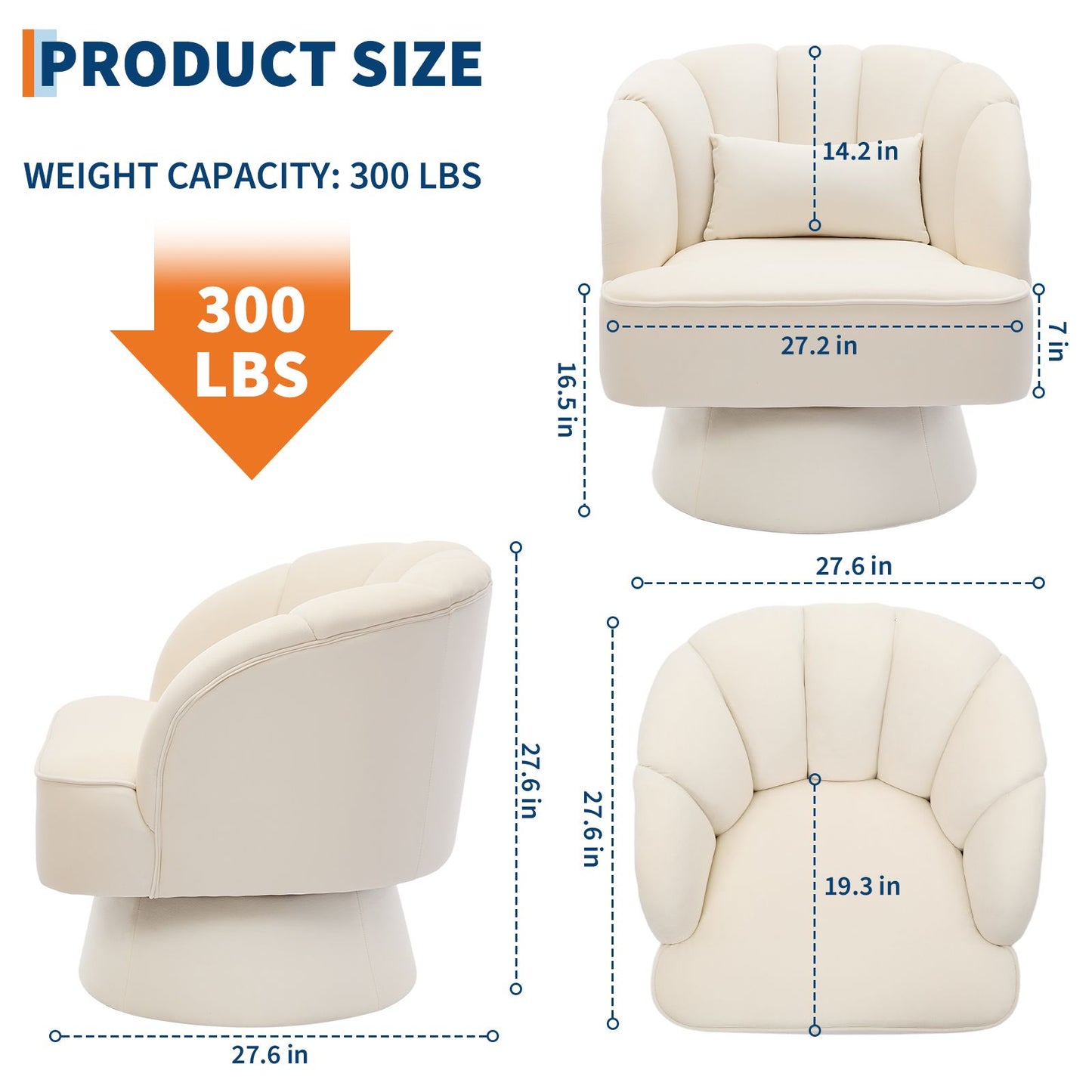 Swivel Accent Chair 360° Barrel Lounge Chair with Modern Striped Backrest | Round Armchair for Living, Bedroom Reading Nook, Hardwood, Non-Adjustable, Wipe Clean