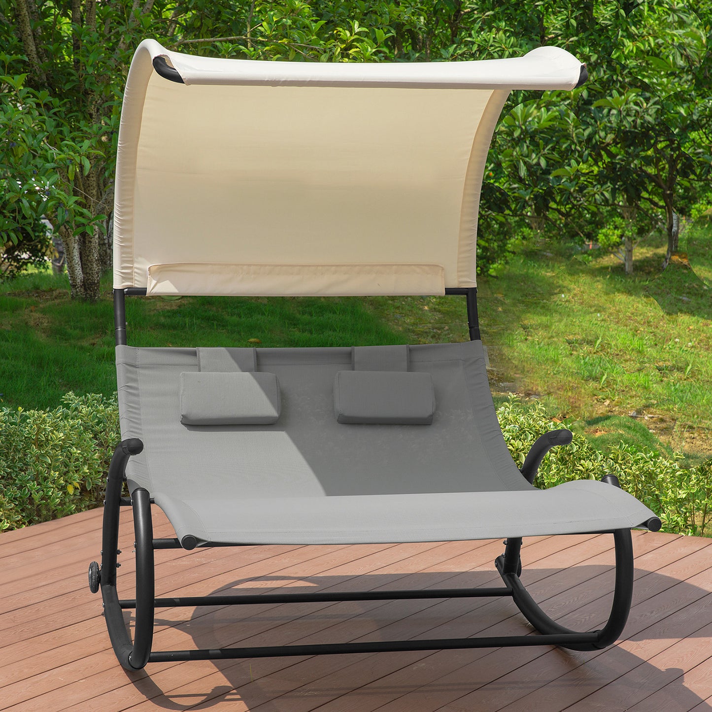 2-Persoons Loungeset – Tuinlounge – Buitenmeubel – Zandstrand Set – Verstelbare Rugleuning – Ingebouwde Parasol – Weerbestendig Metalen Frame