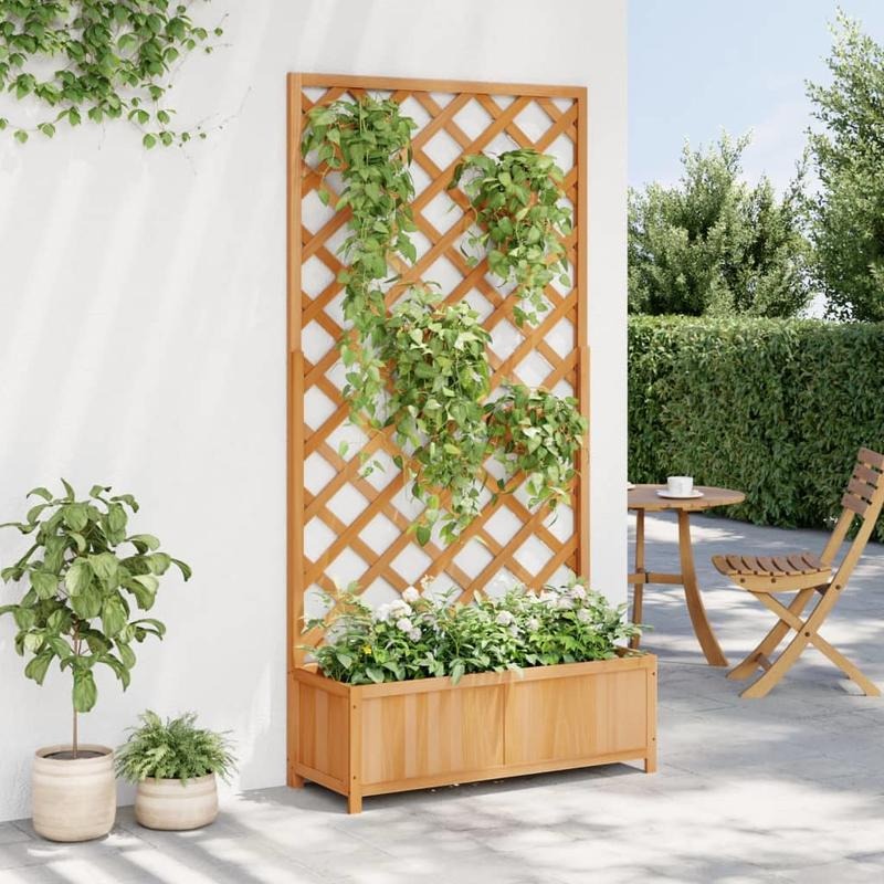 Brown Solid Fir Wood Plant Pot with Trellis | Small Apartment Balcony Festive Climbing Plants, Easy Assembly, Space-Saving, Modern Style, Plaid Pattern, Lacquered