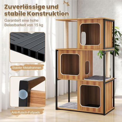 Krabpaal – Kattenboom – Krabmeubel – Kattenhuis – Krabton – Houten Frame – 132 cm Hoog – Met 3 Condo’s – Sisal Krabpalen – Wasbare Kussens
