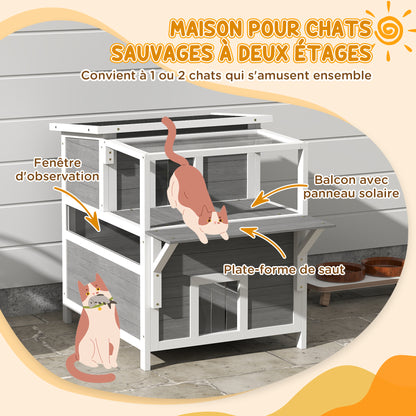 Kattenhuis – Kattenhok – Kattenverblijf – Kattencabine – Kattenhut – Weerbestendig Dennenhout – Verhoogde Poten en Asfalt Dak – Grijs – 2 Verdiepingen met Balkon