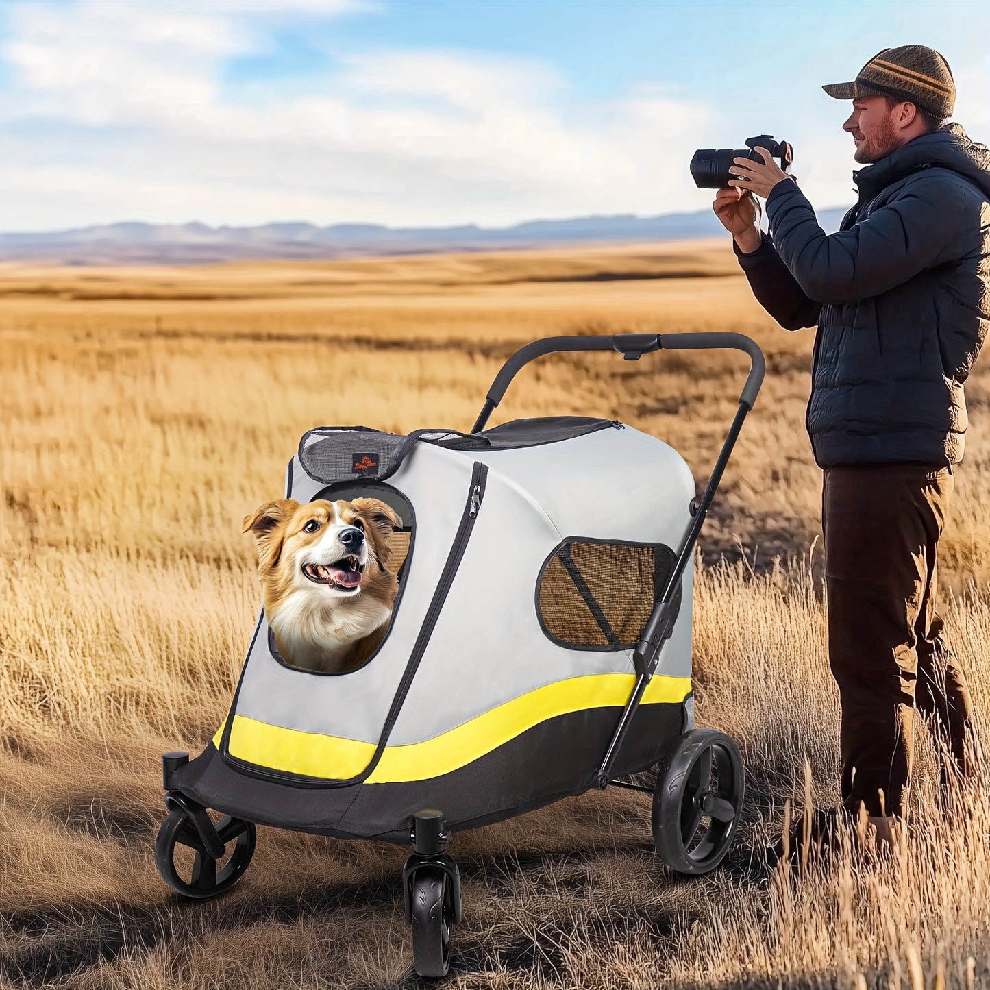 Dierenwagen – Huisdierwagen – Hondenwagen – Pet Carrier – Dierenbuggy – Voor Middelgrote en Grote Huisdieren Tot 50 kg – Stevig Ijzeren Frame – Inclusief Regenhoes