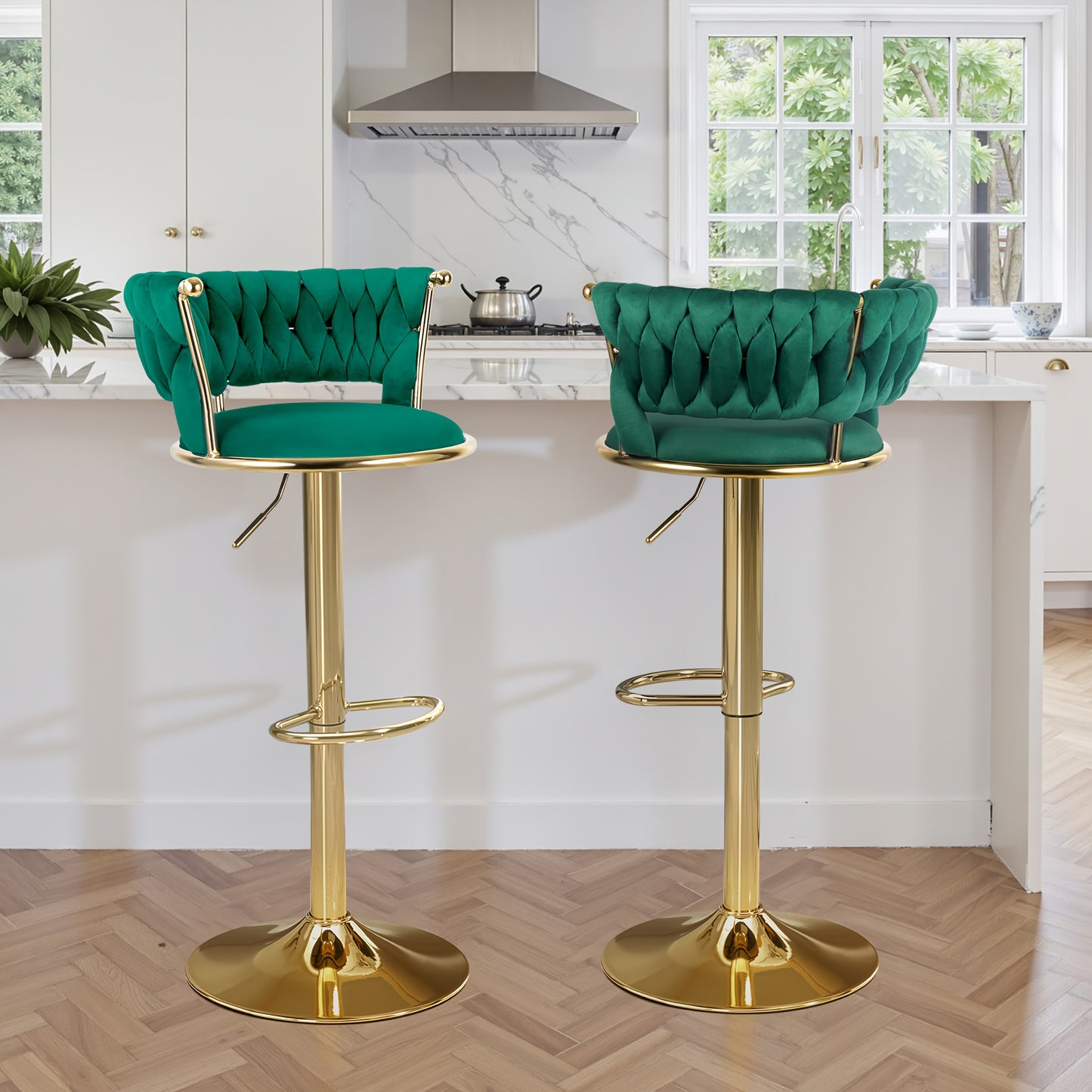 Barstoel – Barkruk – Barstoelen – Keukenstoel – Barkrukken – Verstelbare Hoogte – 360° Draaibaar – Smaragdgroene Fluwelen Bekleding – Gouden Metalen Frame