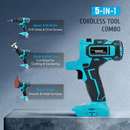 5-in-1 Accu Gereedschap – Boormachine – Reciprozaag – Decoupeerzaag – Multitool – Schuurmachine – 2x 18V 2000mAh Lithium-Ion Batterijen – Snel Wisselmechanisme