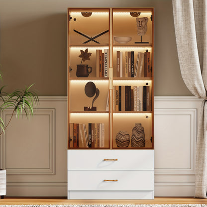 Middelgrote Vitrinekast / Display Cabinet – 75 cm Breed • 2 Grote Laden & 2 Glazen Deuren – Voor Slaapkamer, Woonkamer of Kantoor