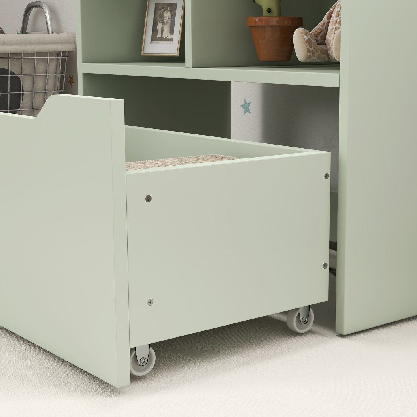 Boekenkast – Boekenrek – Opbergkast – Kastenmeubel – Kinderkast – Lichtgroen – MDF Materiaal – Multifunctionele Indeling met Lade op Wieltjes