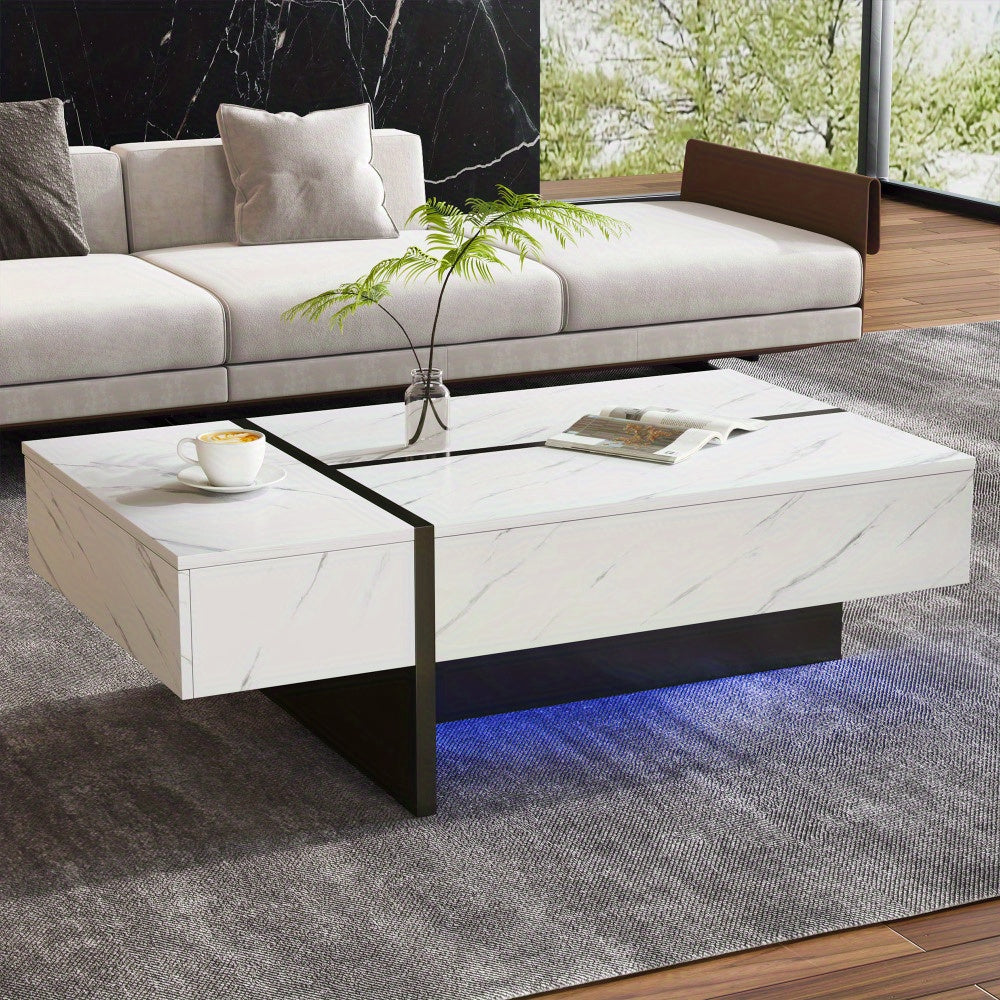Salontafel – Koffietafel – Woonkamertafel – Bijzettafel – Salon tafel – Wit Marmerpatroon – Hoogglans Spaanplaat – 105x60x35 cm – Modern Minimalistisch Design