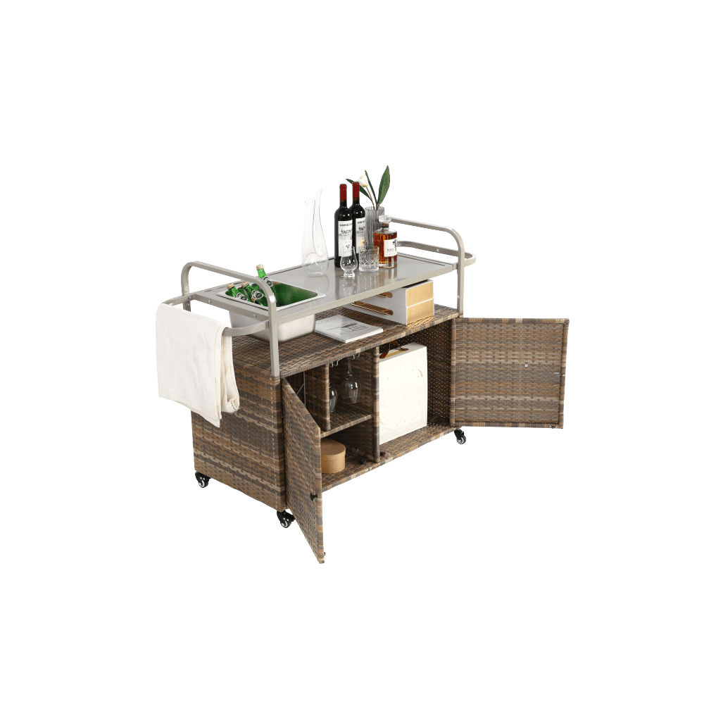 Wicker Bar Trolley – Barkaart – Serveerwagen – Buitenwagen – Tuinwagen – Beige Wicker – Met Metalen Tafelblad – Voorzien Van Vergrendelbare Wieltjes