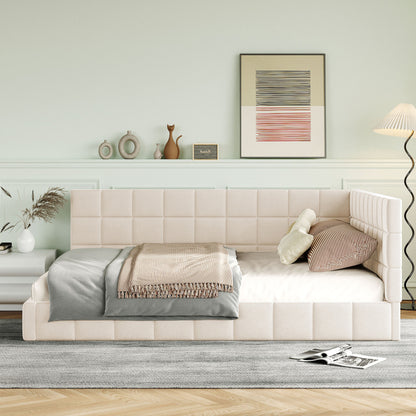 Upholstery bed sofa bed 140200 multifunction bed with slatted frame made of Light Beige -minded velvet stoff beige