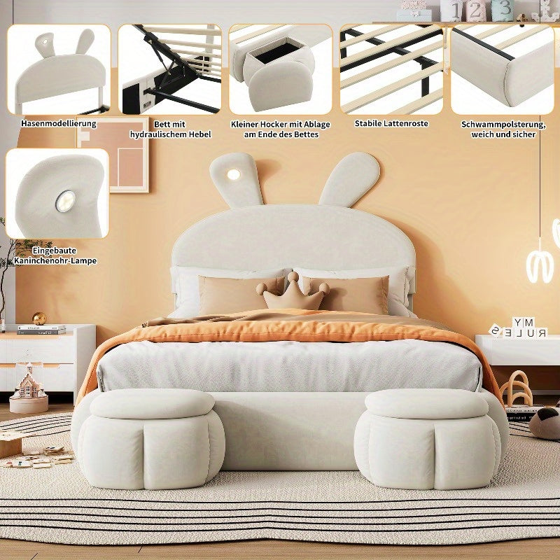 Beige Velvet Opbergbed – Bed Frame Met Opbergruimte – Tweepersoonsbed – Slaapbank – Bed Met Hoofdbord – 140x200 cm – Met Warm Verstelbaar Licht – Inclusief 2 Krukken