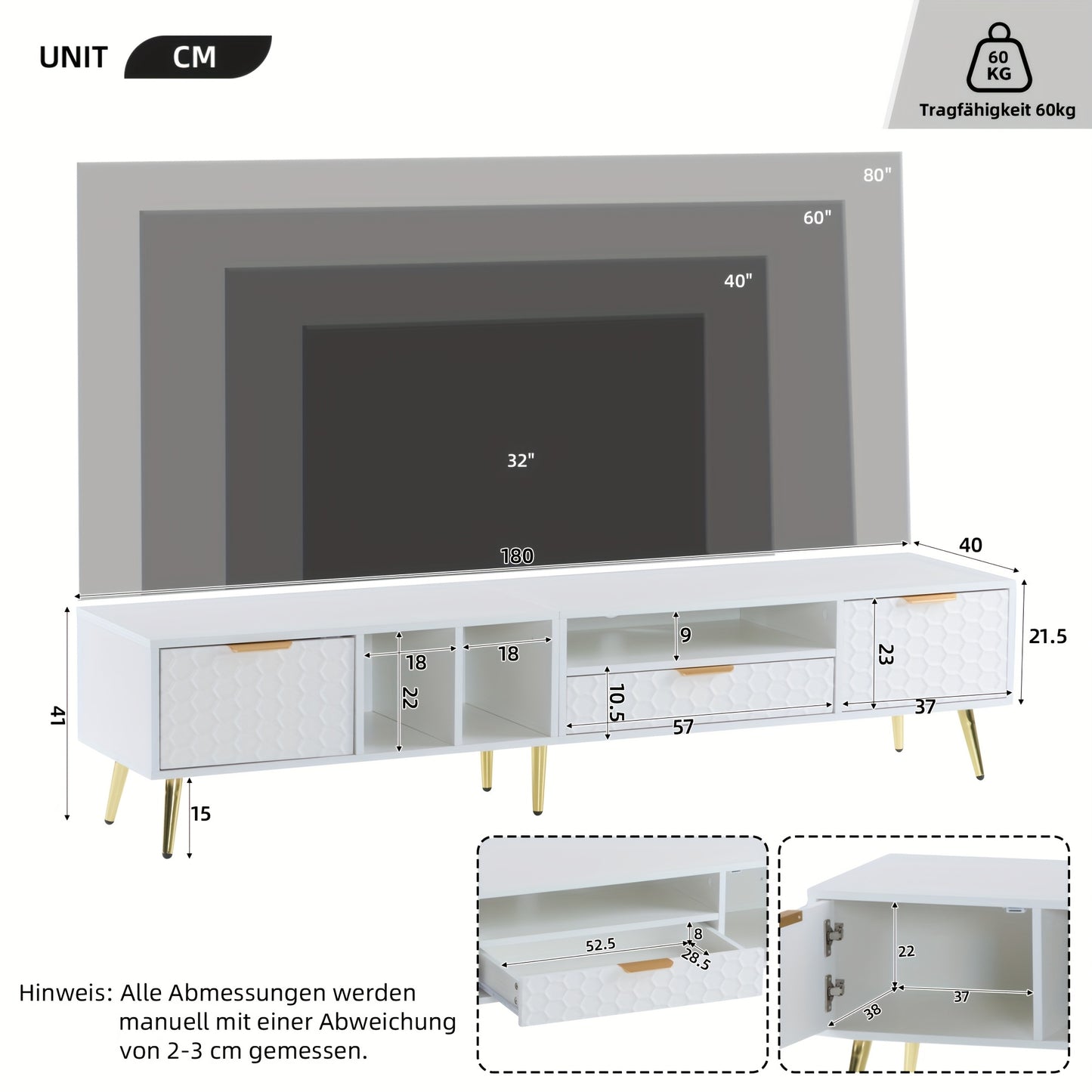 Modern TV Meubel – TV Kast – TV Stand – TV Dressoir – TV Bank – Vertical Design – Geschikt Tot 80 Inch – MDF & Hout – Mat Honingraatdessin – Ruimtebesparend – Met Opbergruimte