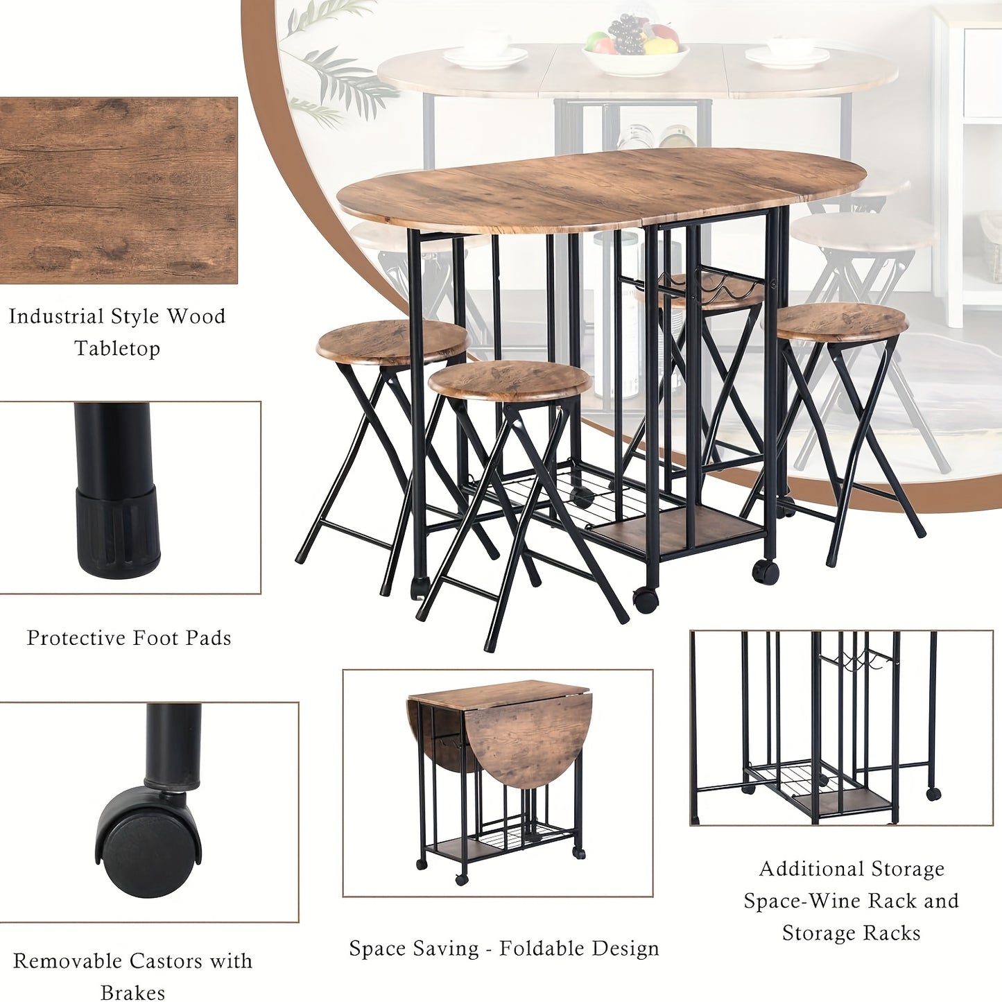 Vouwtafel – Klaptafel – Inklapbare Tafel – Eettafel – Plooitafel – 5-delige Houten Eettafelset – Inklapbaar Met Opbergruimte – Compact Voor Kleine Ruimtes