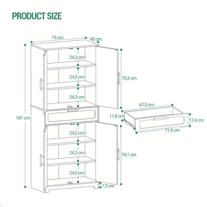 Kast – Opbergkast – Buffetkast – Keukenkast – Hoge Kast – 4 Deuren Met Grote Lade – Verstelbare Planken – Wit Spaanplaat