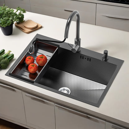 Stainless Steel Handmade Sink with Single Slot, Black Honeycomb Embossed Sink, Countertop Sink with Pull-Out Faucet, Soap Dispenser, Drain Basket, And Drainage Kit 80X50Cm