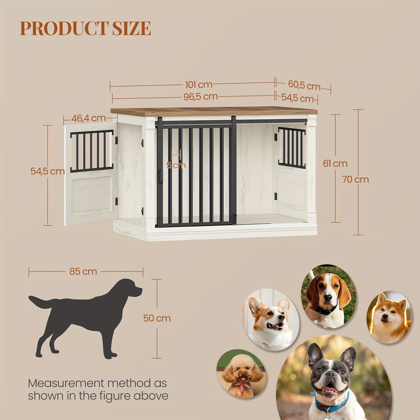 Hondenkooi – Hondenbench – Hondenhok – Dierenbench – Hondenren – Houten Hondenbench Met 3 Deuren En Schuifdeur – Geschikt Voor Kleine Tot Grote Honden – Ingebouwde Zijtafel – Wit/Bruin – 101x60,5x70 cm