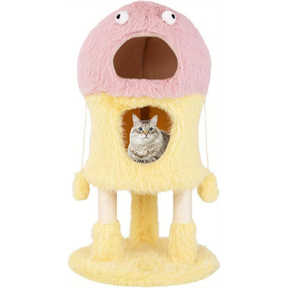 Krabpaal – Kattenboom – Kattenmeubel – Kattenhuis – Kattentoren – Speels Monsterdesign – 3 Niveaus Met Pluche Condos – Duurzame Sisal Krabpalen – Geel/Roze