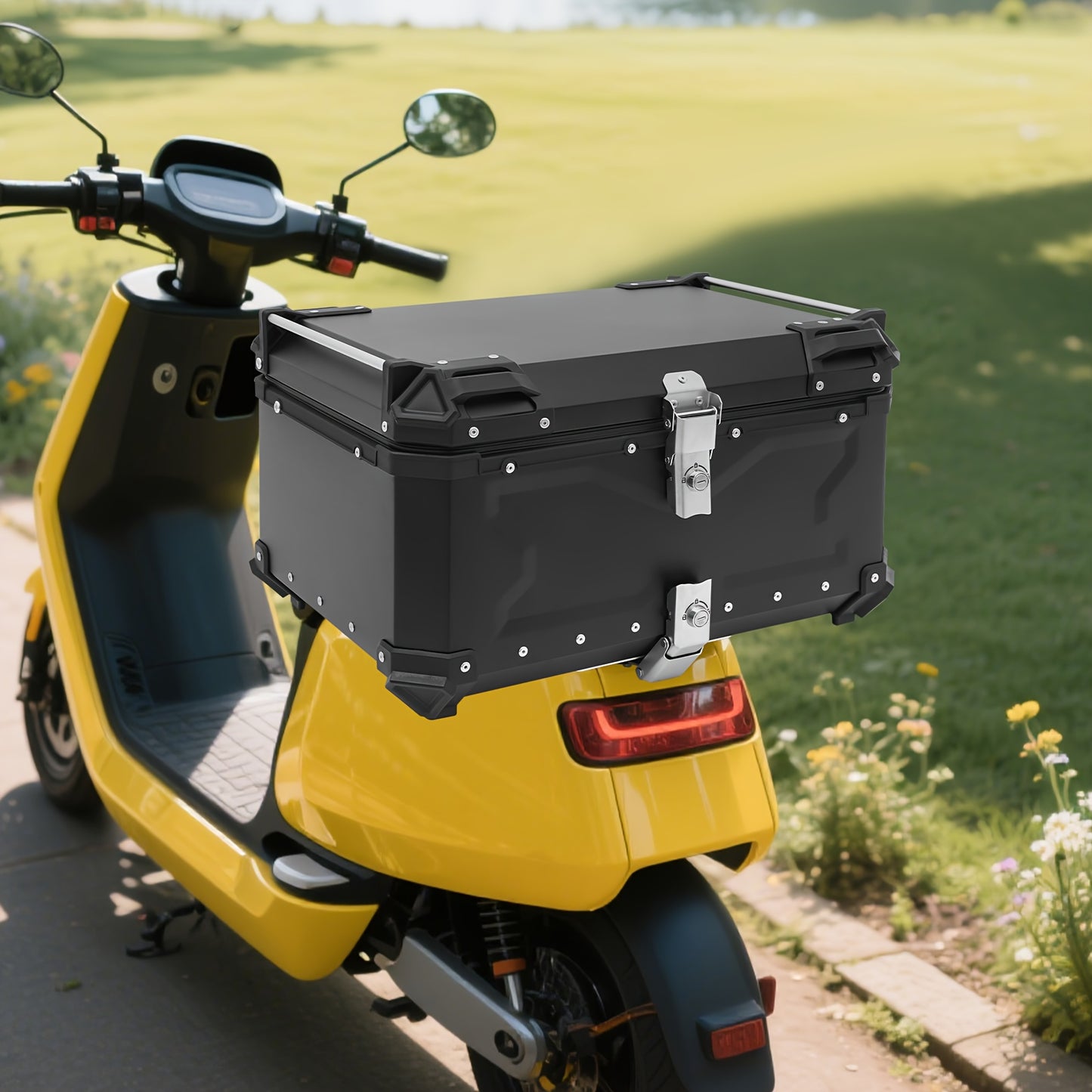 Motorbox – Motorkoffer – Topkoffer – Bagagekoffer – Motoruitrusting – 65 Liter Inhoud – Stevig Aluminium & Carbonstaal – Veilig Slot & Schokdempende Voering – Zwart