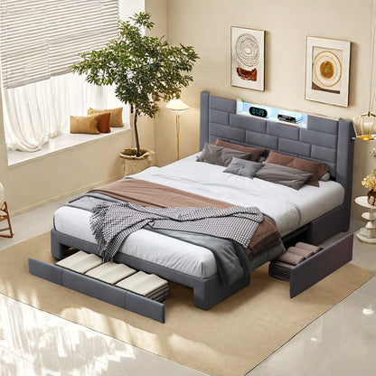 Tweepersoonsbed – Opbergbed – Bed met Lades – Led Bed – Velvet Bed – Met 3 Grote Opberglades – Ingebouwde USB- en Type-C Poorten – Stijlvolle Grijze Velvet Bekleding
