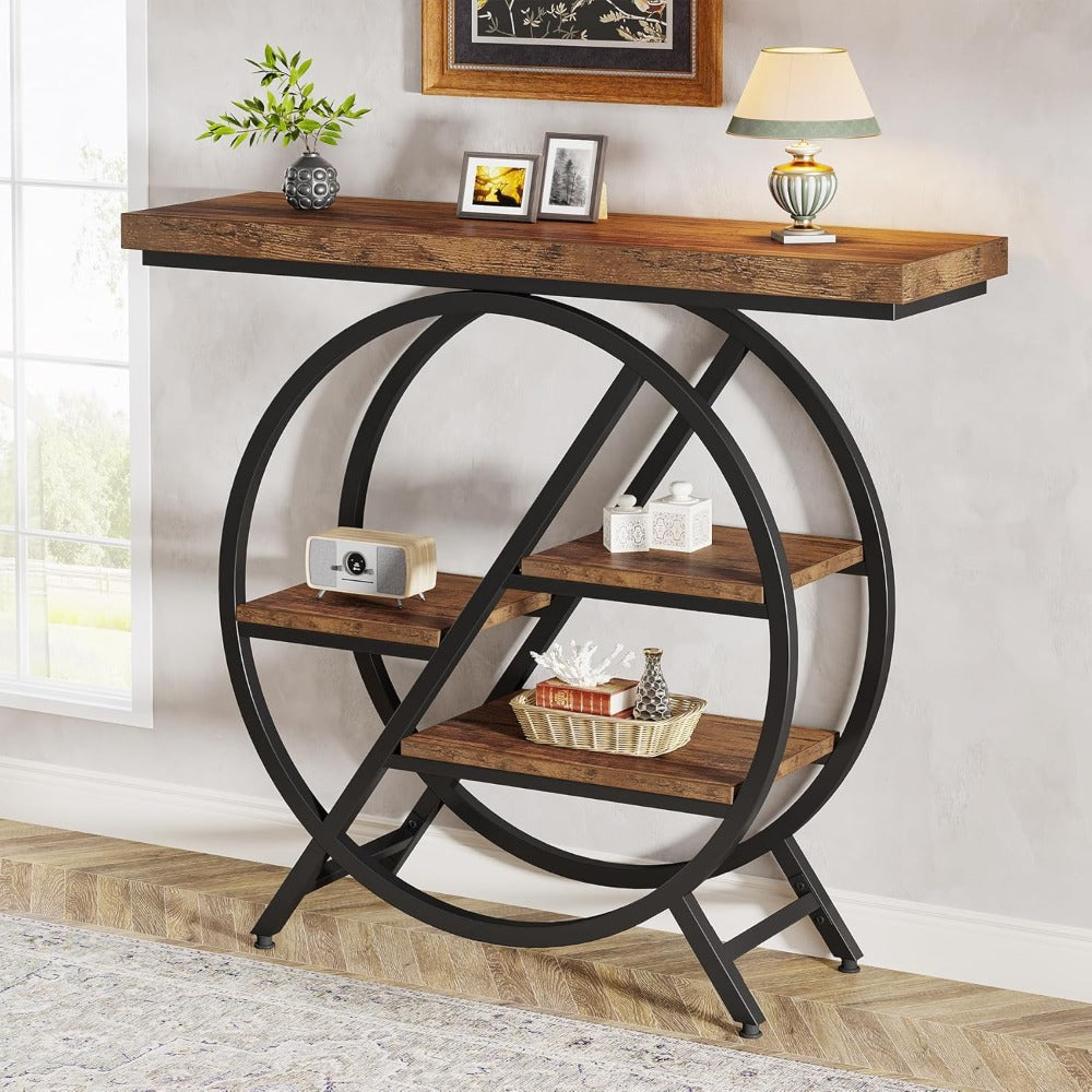 Industriële Sidetable – Haltafel – Wandtafel – Opbergtafel – Bijzettafel – Rustiek Bruin – Geometrisch Metalen Frame – 4 Niveaus Met Stevig 4cm Tafelblad