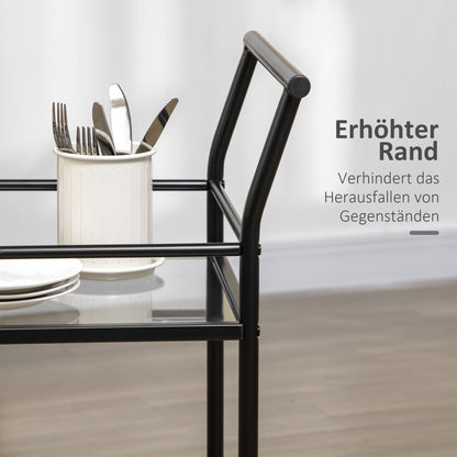 Keukentrolley – Serveerwagen – Keukenwagen – Rolwagen – Opbergtrolley – 2 glazen planken – Metalen frame – 75x40x80 cm – Zwart – 4 zwenkwielen met remmen