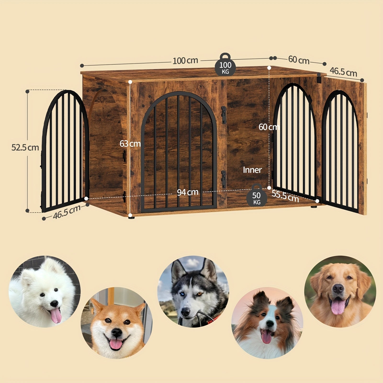 Modern & Black Dog Crate Furniture with 3-Arched Doors & Side Table - Sturdy Iron Construction, Spacious 100x60x63cm Indoor Kennel for Large Dogs, Durable Pet House with Storage Shelf, Decorative & Functional Design for Home - QUORE