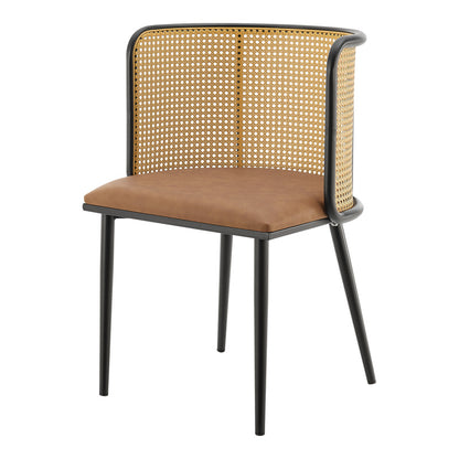 Eetkamerstoel – Stoel – Kuipstoel – Meubel – Woonkamerstoel – Set van 2 – Rattan Rugleuning – Kunstleer Bekleding – Stevig Metalen Frame – Hoge Zitcomfort