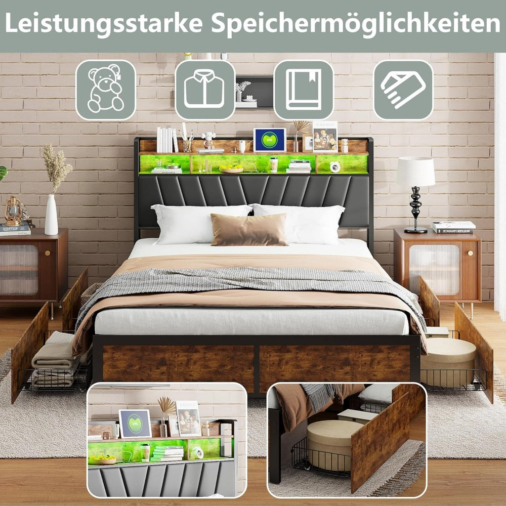 Tweepersoonsbed – Bed – Slaapbed – Opbergbed – Led-bed – 160x200 cm – 4 Ruime Lades – Ingebouwde LED-verlichting