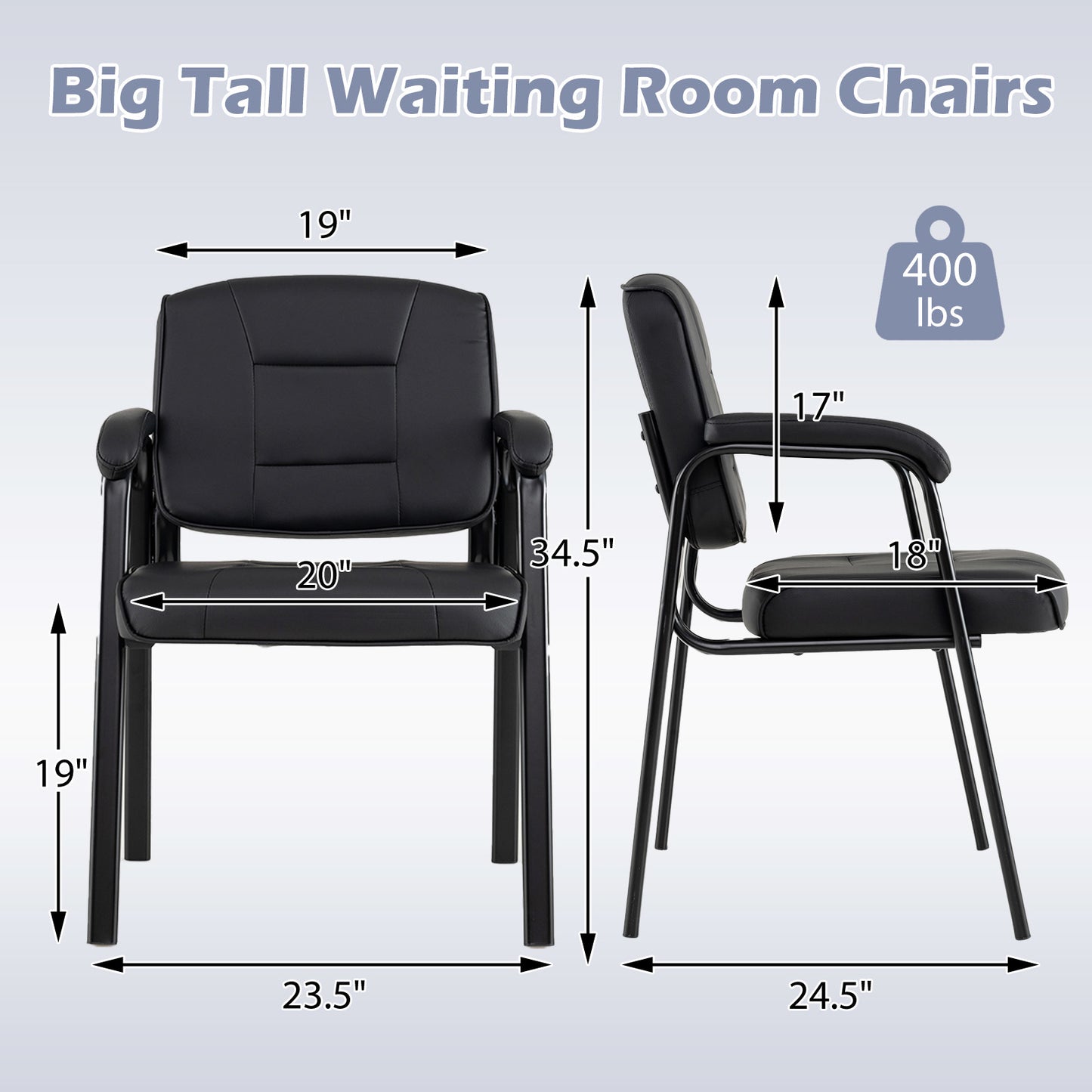 Set Van 2 Grote En Brede Gastenstoelen – Wachtkamerstoelen – Bureaustoelen – Lobby Stoelen – Vergaderstoelen – PU Leder Bekleding – Robuust Metaal Frame