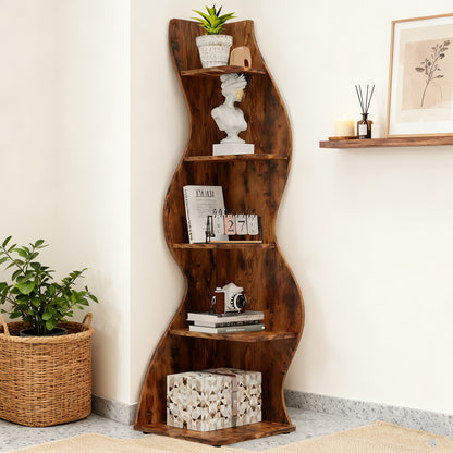 Boekenplank – Boekenkast – Wandplank – Boekenrek – Opbergrek – Golvend Modern Design – 5 Ruime Planken – Massief Hout & MDF – Vrijstaand Retro Bruin