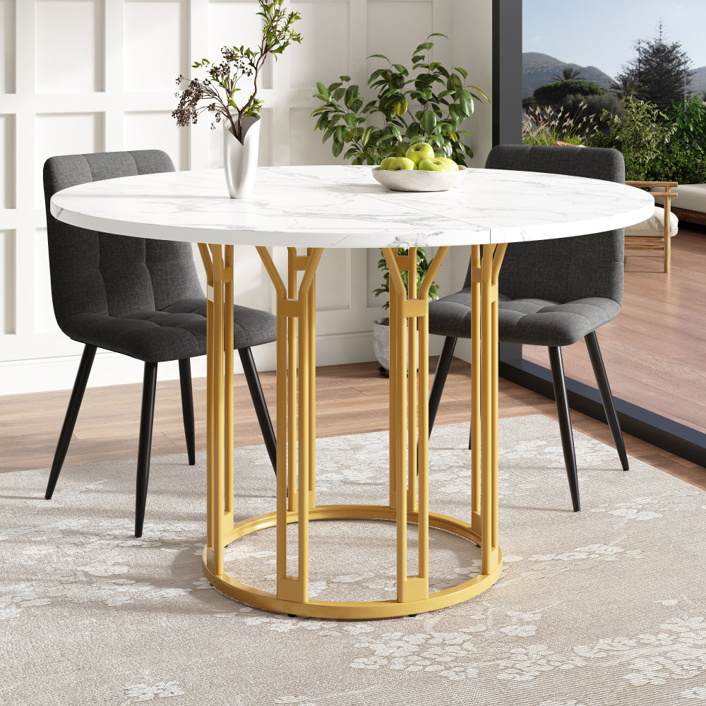 Ronde Eettafel – Eetkamertafel – Ontbijttafel – Keukentafel – Tafel Rond – Marmerlook Wit Goud – Stevige Metalen Poot – Gebruiksklaar Zonder Montage