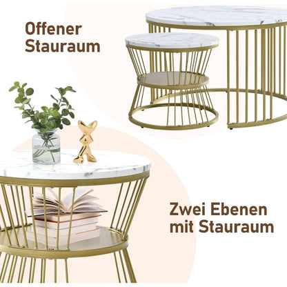 Set Van 2 Lage Tafels – Salontafel – Bijzettafel – Rond – Nesting – Witte Marmerlook – Metaal Frame – Verstelbare Pootjes – Ruimtebesparend Design