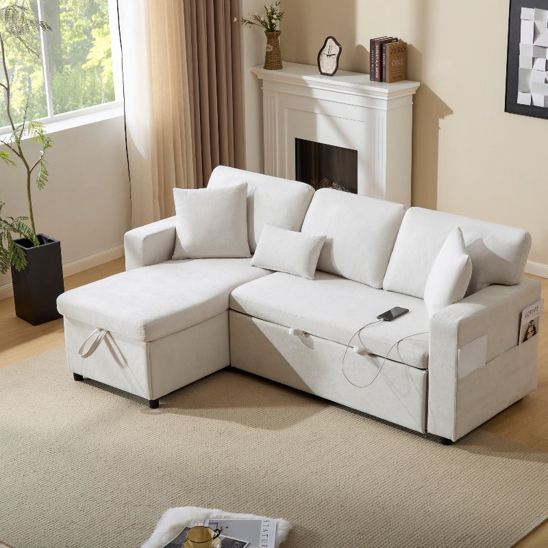 Hoekbank Bedbank – L-vormige Slaapbank – U-bank – Sofa Met Opberglade – Beige Stof – Moderne Woonkamer – Met Opbergruimte – Pull-out Slaapfunctie
