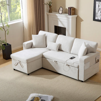 Hoekbank Bedbank – L-vormige Slaapbank – U-bank – Sofa Met Opberglade – Beige Stof – Moderne Woonkamer – Met Opbergruimte – Pull-out Slaapfunctie