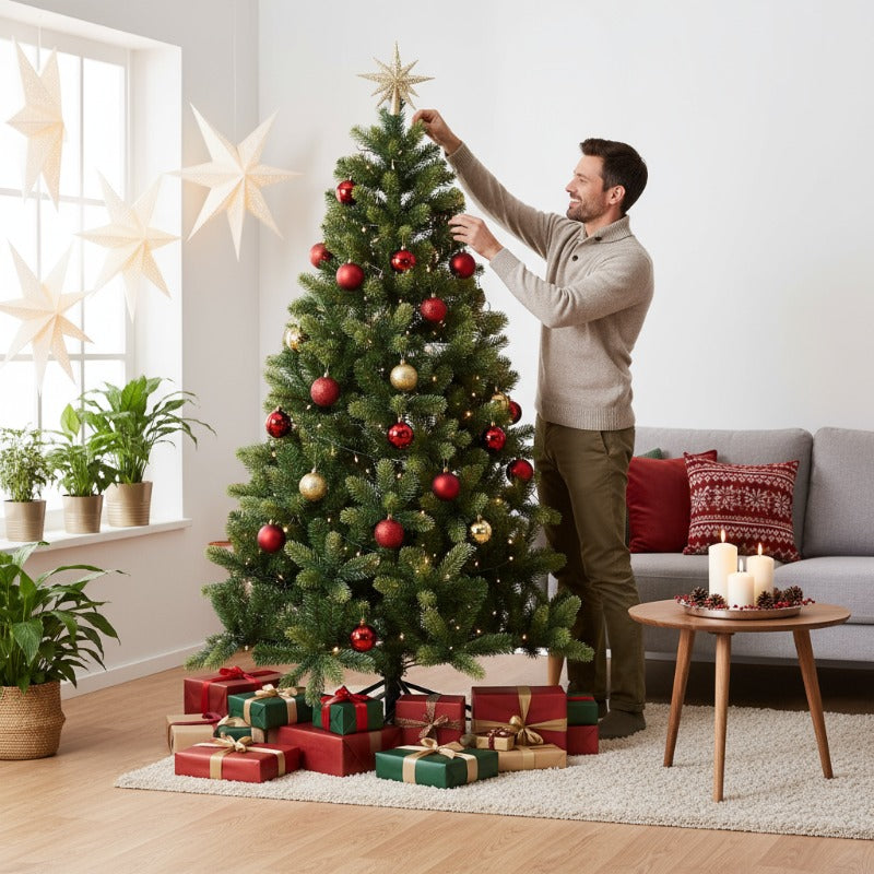 Kerstboom – Kunstkerstboom – Kunstboom – Versierde Boom – Flocked Boom – 210 cm Hoogte – Realistische PE Tips – Met Ingebouwde Verlichting