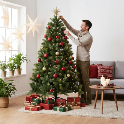Kerstboom – Kunstkerstboom – Kunstboom – Versierde Boom – Flocked Boom – 210 cm Hoogte – Realistische PE Tips – Met Ingebouwde Verlichting