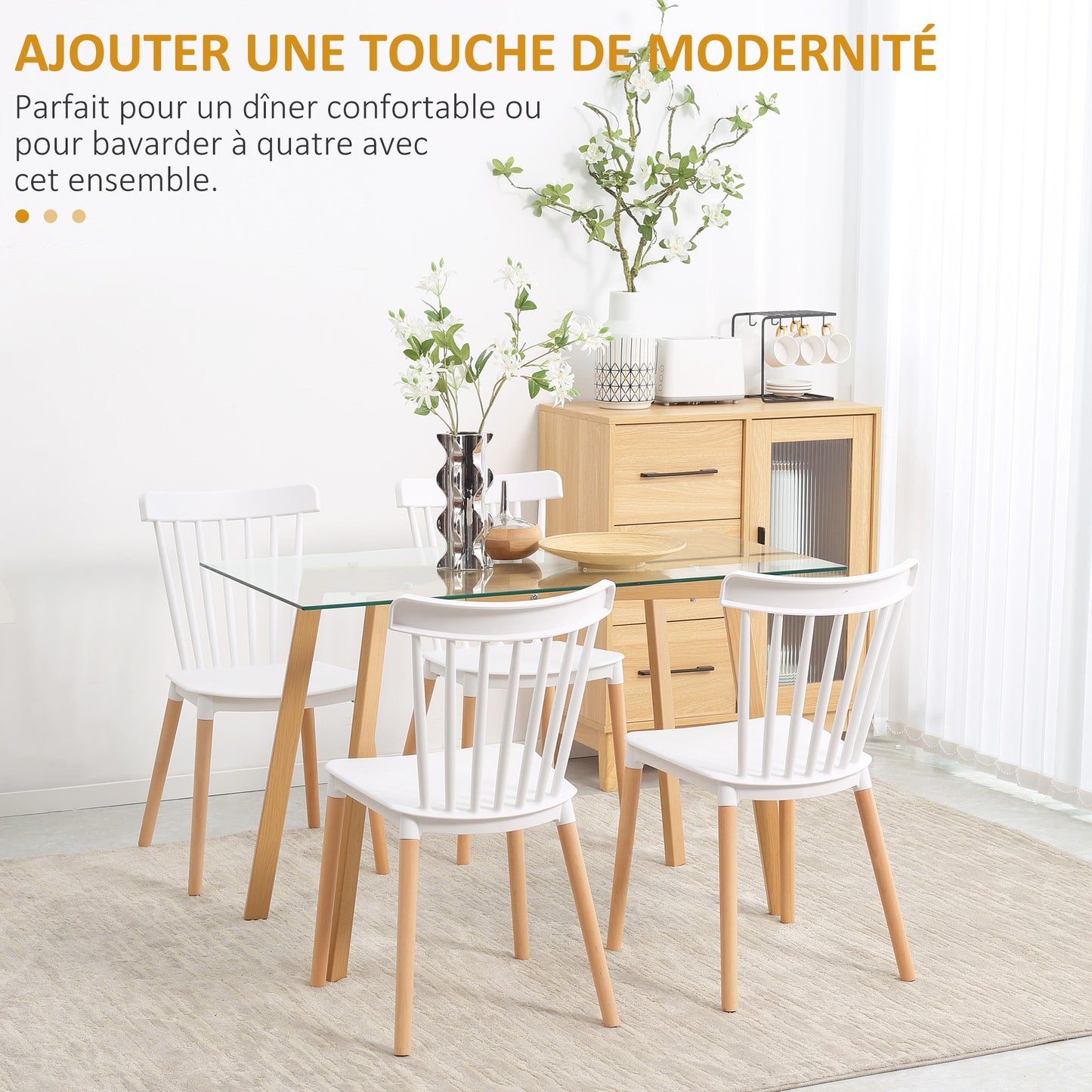 Eetkamerstoel – Stoel – Keukenstoel – Bureaustoel – Designstoel – Scandinavisch Design – Beukenhouten Poten – Polypropyleen Zitting Wit – Set Van 4