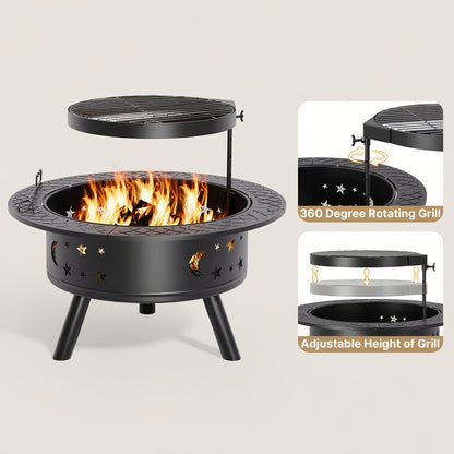 Buitenhaard – Tuinhaard – Vuurkorf – Barbecue – Grill – 2-in-1 Buitenhaard en Barbecue – Draaibaar en In Hoogte Verstelbaar Grillrooster – Hittebestendig Metalen Constructie